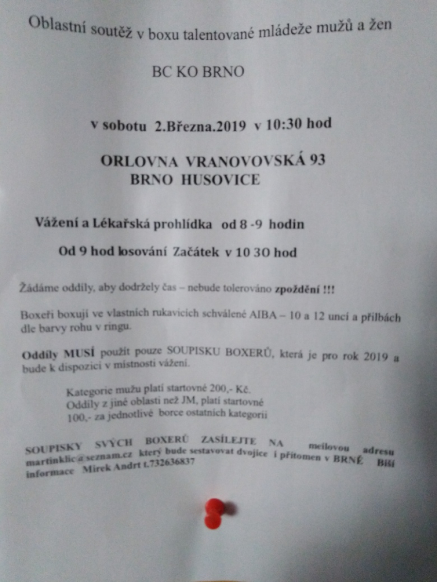 Oblastní soutěž v boxu talentované mládeže mužů a žen - Brno 2.3.2019